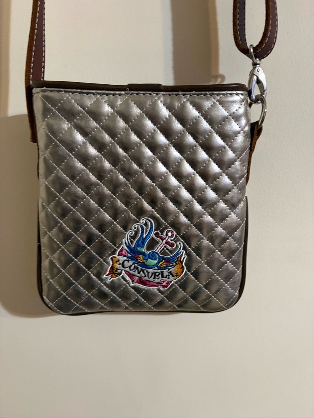 Consuela Quilted Metallic- Silver with Brown Trim/vintage